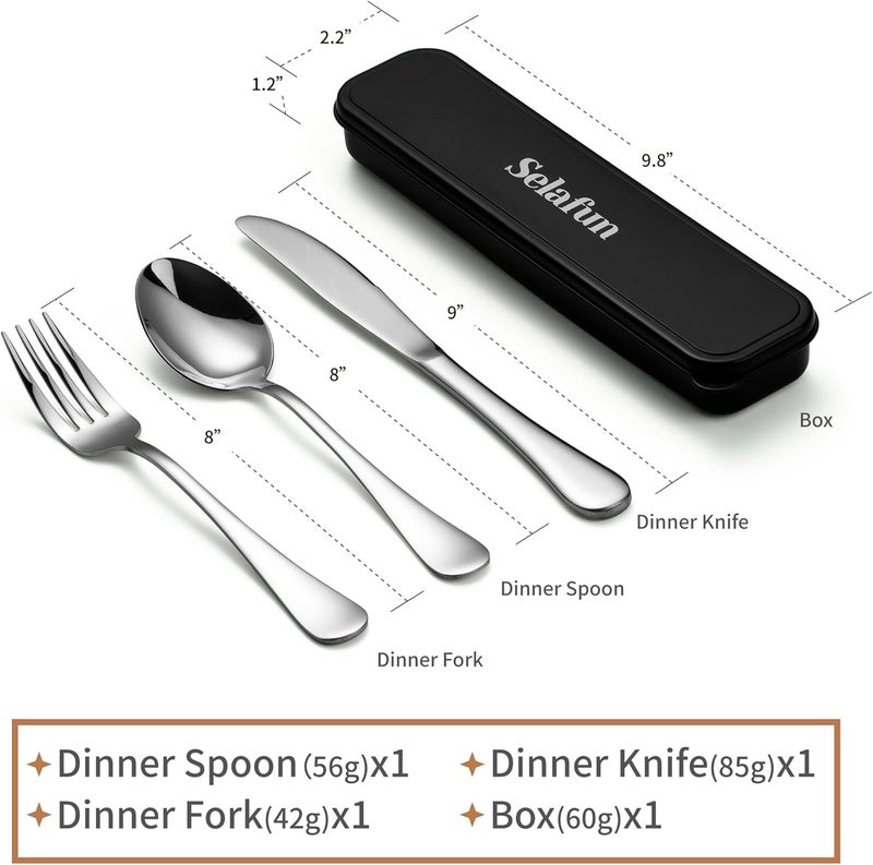 Selafun 4-Piece Travel Set with Case - Portable Silverware Utensils - Stainless Steel Reusable Flatware - Cutlery Set for Camping, Picnic, Hiking, Office - Dishwasher Safe - Image 2